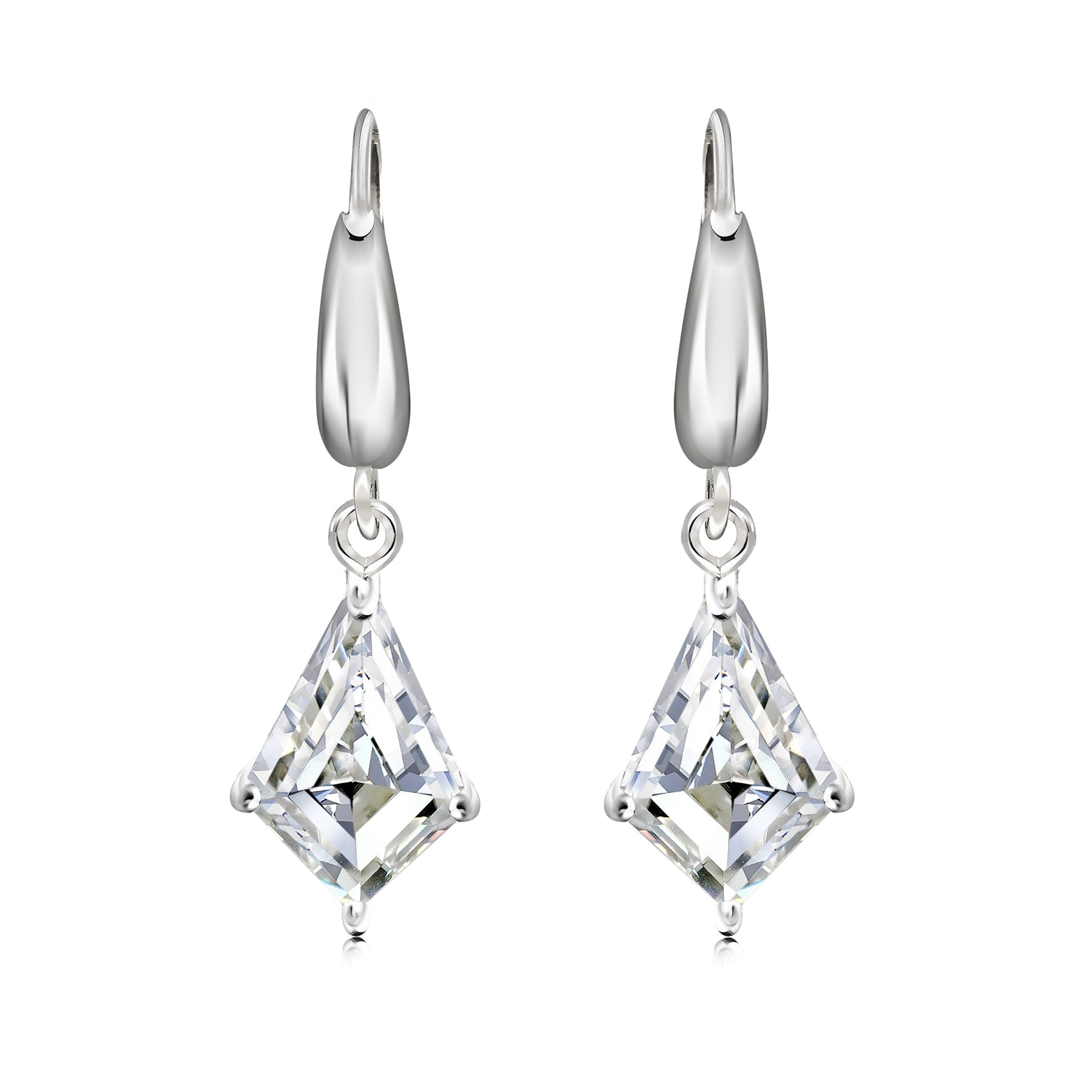 Fancy 1.75 Carat Kite Shaped Moissanite Dangle Earrings in 18K White Gold over Silver