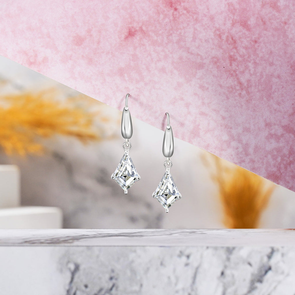 Fancy 1.75 Carat Kite Shaped Moissanite Dangle Earrings in 18K White Gold over Silver