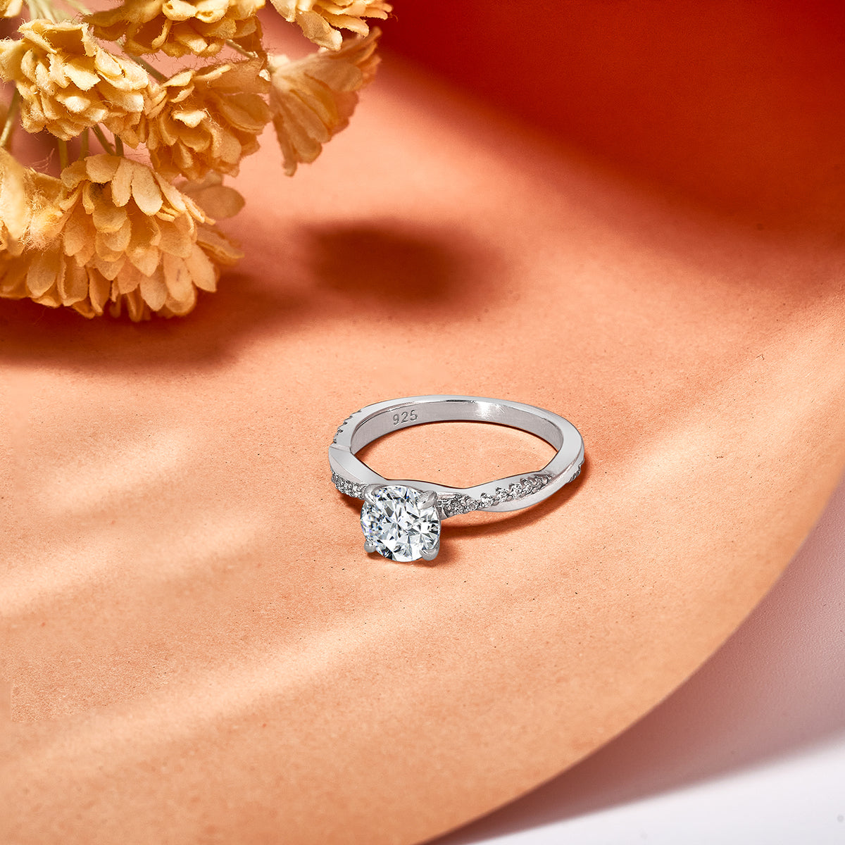 JeenMata Cathedral Prong 1 Carat Round Shaped Moissanite Half Pave Infinity Twisted Shank Engagement Ring In 18K White Gold Plating Over Silver