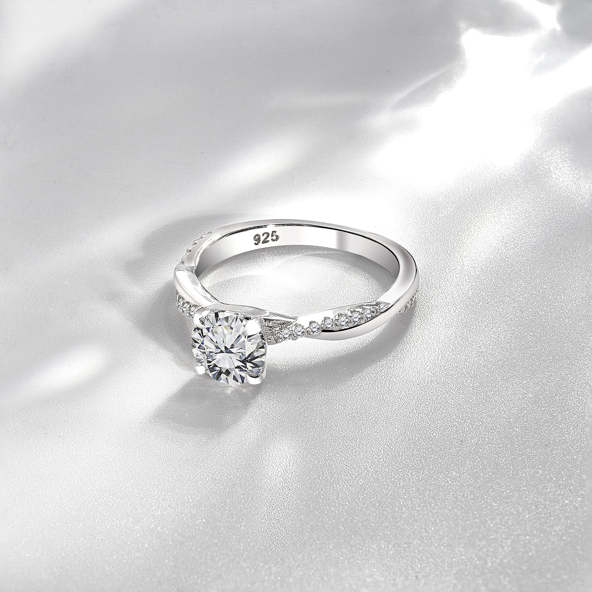 JeenMata Cathedral Prong 1 Carat Round Shaped Moissanite Half Pave Infinity Twisted Shank Engagement Ring In 18K White Gold Plating Over Silver