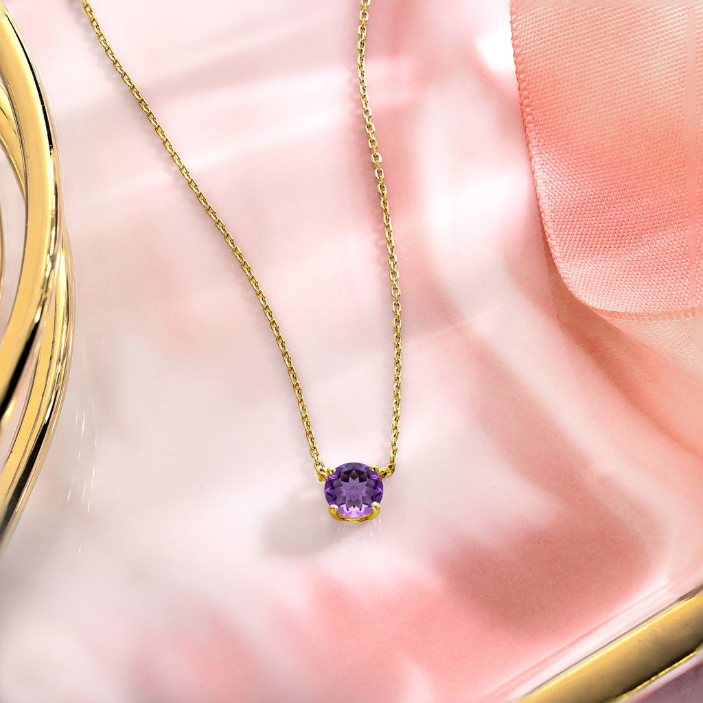 JeenMata 1 Carat Amethyst - February Birthstone Solitaire Pendant Necklace in 18K Yellow Gold Plated, Female, Adult
