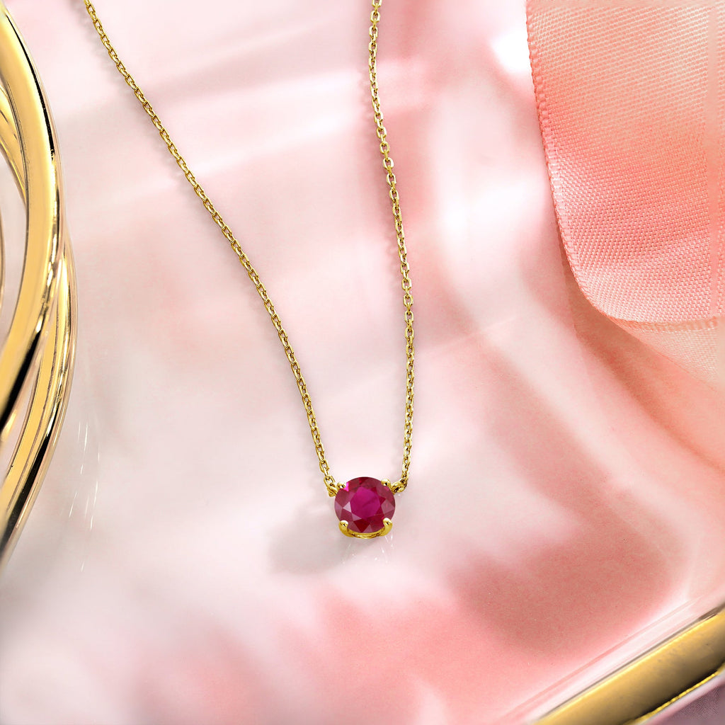 JeenMata 1 Carat Ruby - July Birthstone Solitaire Pendant Necklace in 18K Yellow Gold Plated, Female, Adult