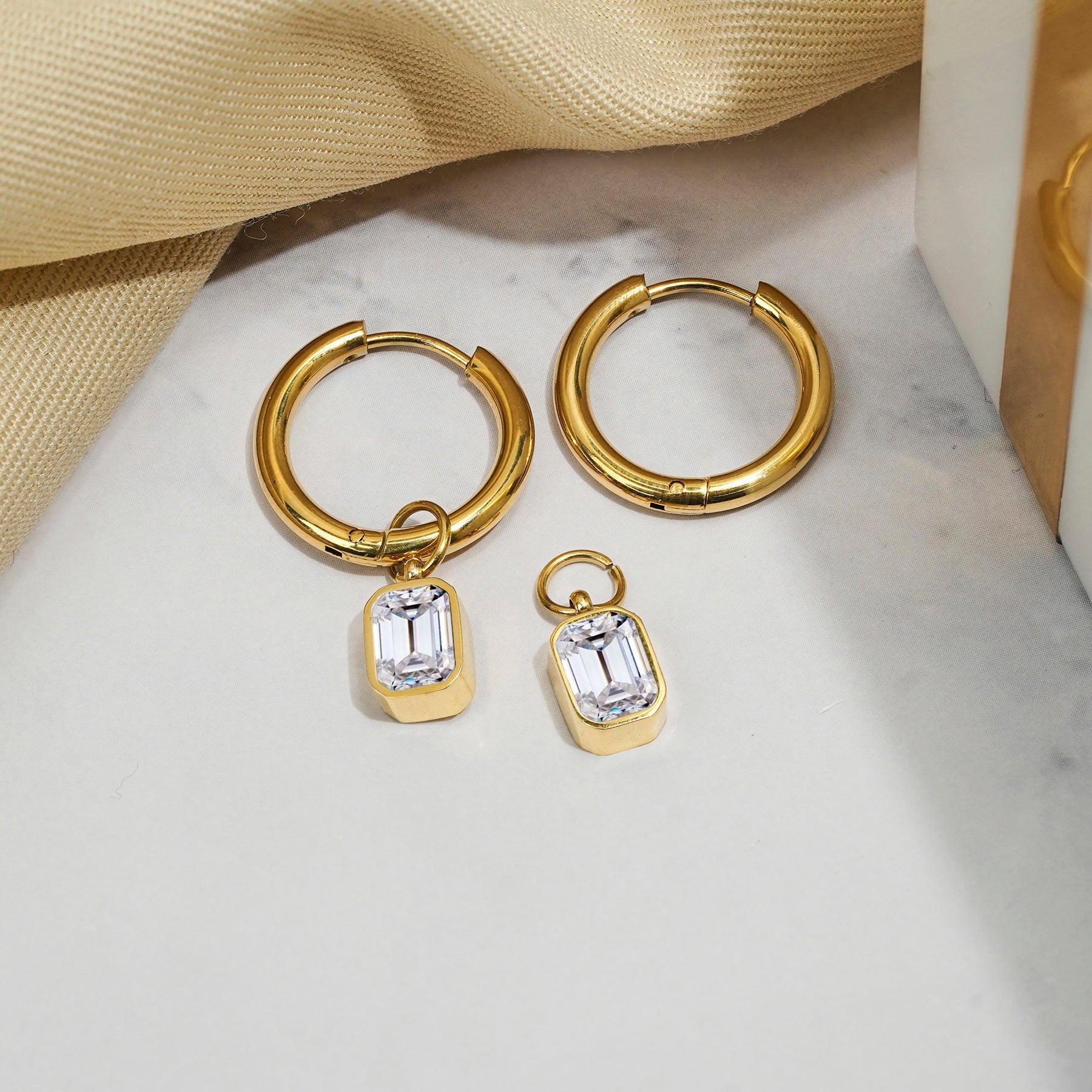 2 Carat Emerald Cut - Cubic Zirconia - April Bezel Huggie Hoop Earrings - 18K Yellow Gold Plating