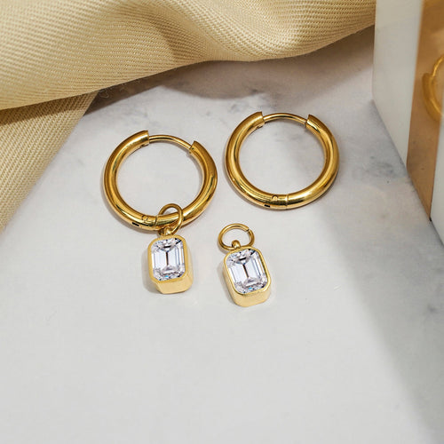 2 Carat Emerald Cut - Cubic Zirconia - April Bezel Huggie Hoop Earrings - 18K Yellow Gold Plating