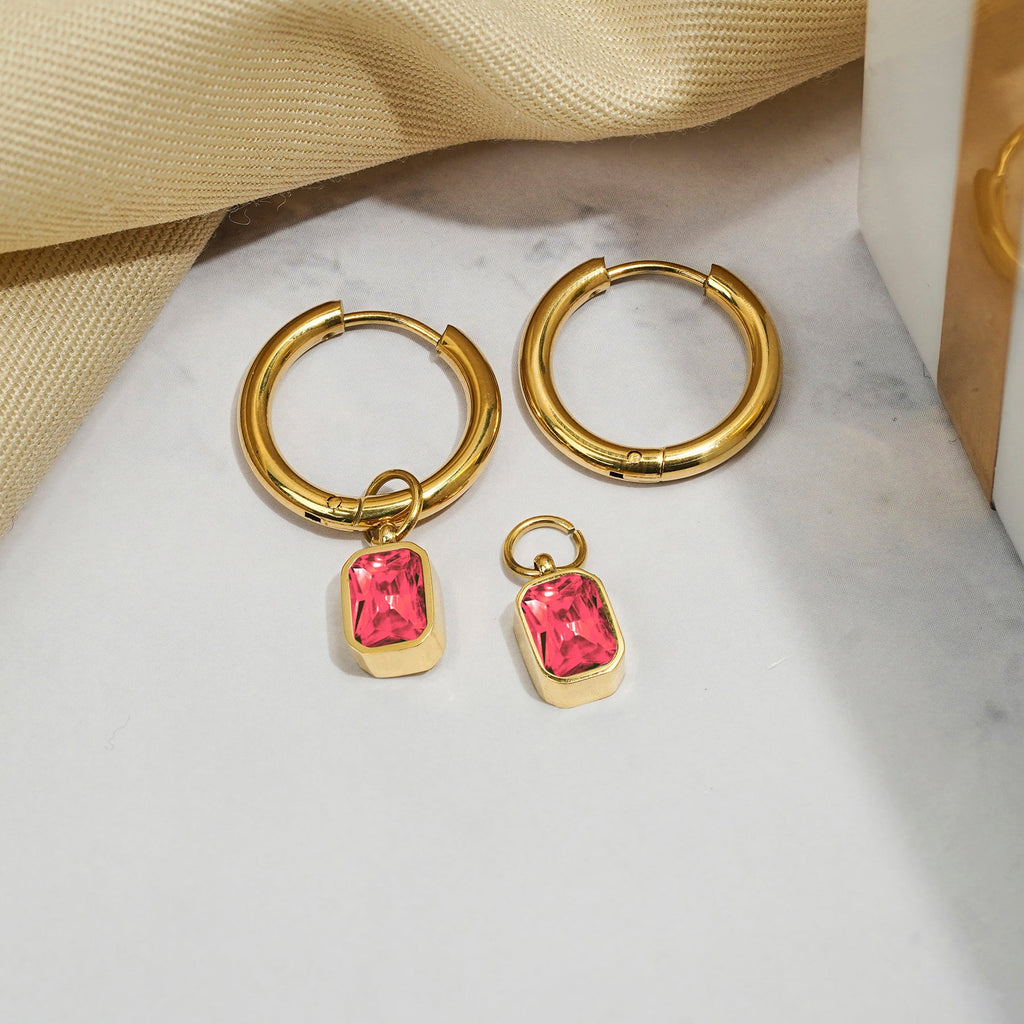 2 Carat Emerald Cut - Ruby - July Birthstone Bezel Huggie Hoop Earrings - 18K Yellow Gold Plating
