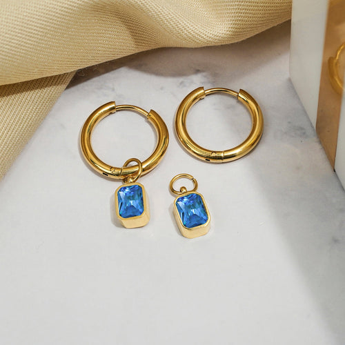 2 Carat Emerald Cut - Blue Sapphire - September Birthstone Bezel Huggie Hoop Earrings - 18K Yellow Gold Plating