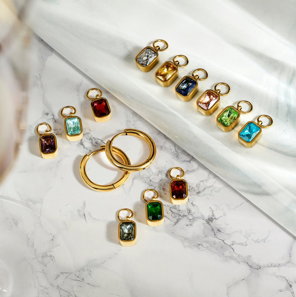 2 Carat Emerald Cut - Garnet - January Birthstone Bezel Huggie Hoop Earrings - 18K Yellow Gold Plating