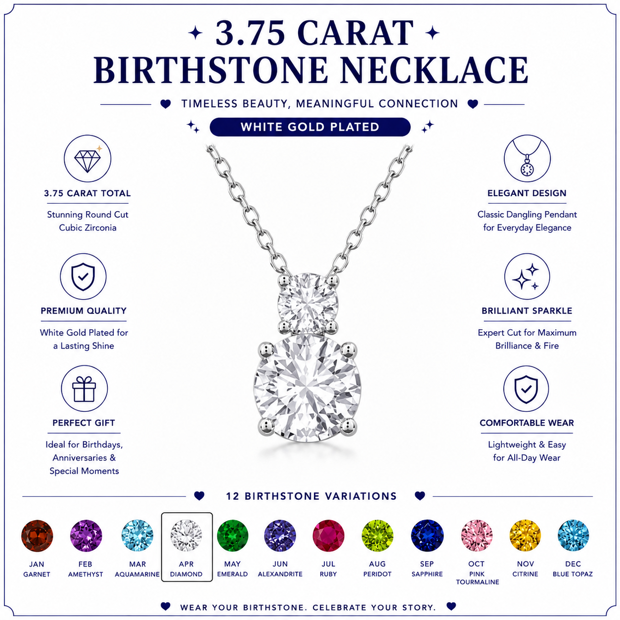 JeenMata 3.75 Carat January Garnet Birthstone Necklace - Dangling Round Cut Necklace Pendant in White Gold Plating for Women