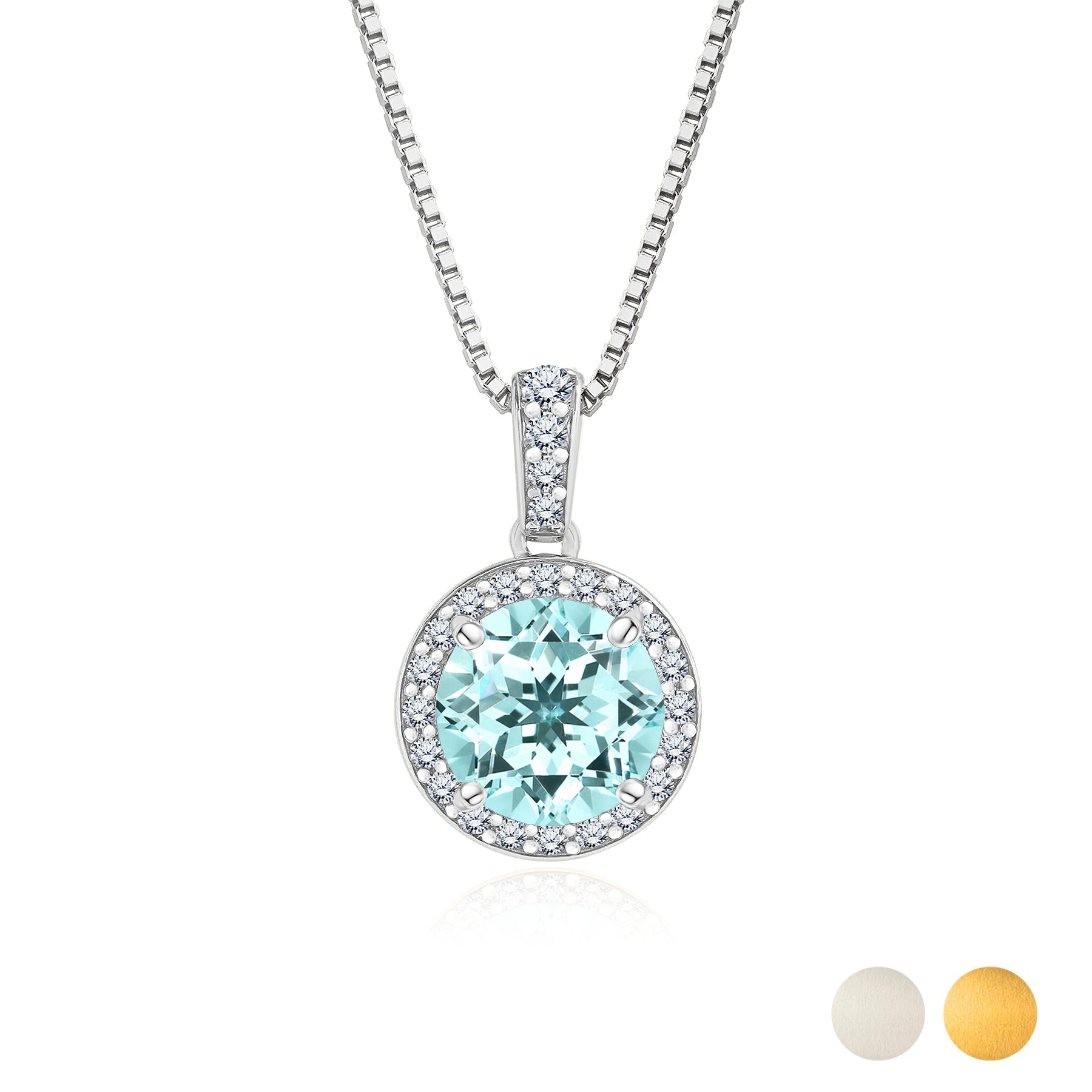 2 Carat March Birthstone Necklace - with Crystal Made with Swarovski - Halo Round Cut Necklace Pendant in White Gold Plating