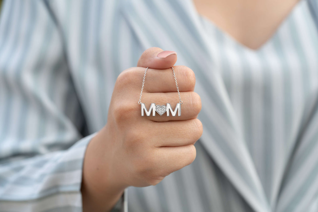 JeenMata MOM Pendant Necklace - Moissanite - April Birthstone in 18K White Gold over Silver
