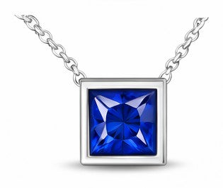 JeenMata 3.3 Carat September - Sapphire Birthstone Princess Cut Bezel Set Pendant Necklace - in 18K White Gold Plating for Women