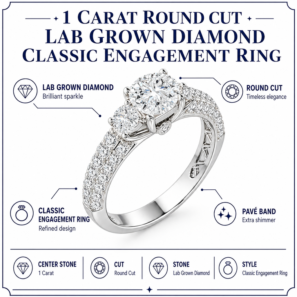 JeenMata 1 Carat Round Cut Lab Grown Diamond Classic Three Stones Engagement Ring - Vintage Style Micro Pave Wedding Ring in 18K White Gold Plating for Women