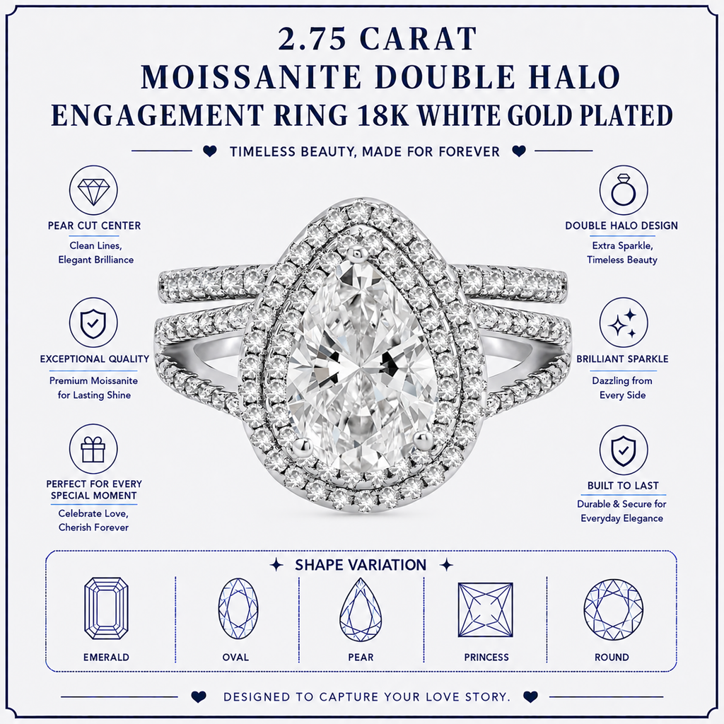 JeenMata 2.75 Carat Pear Cut Moissanite Double Halo Split Shank Engagement Ring Set in 18K White Gold Plated for Women