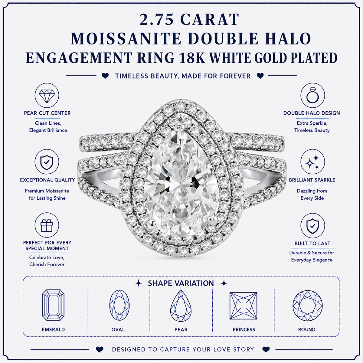 JeenMata 2.75 Carat Pear Cut Moissanite Double Halo Split Shank Engagement Ring Set in 18K White Gold Plated for Women