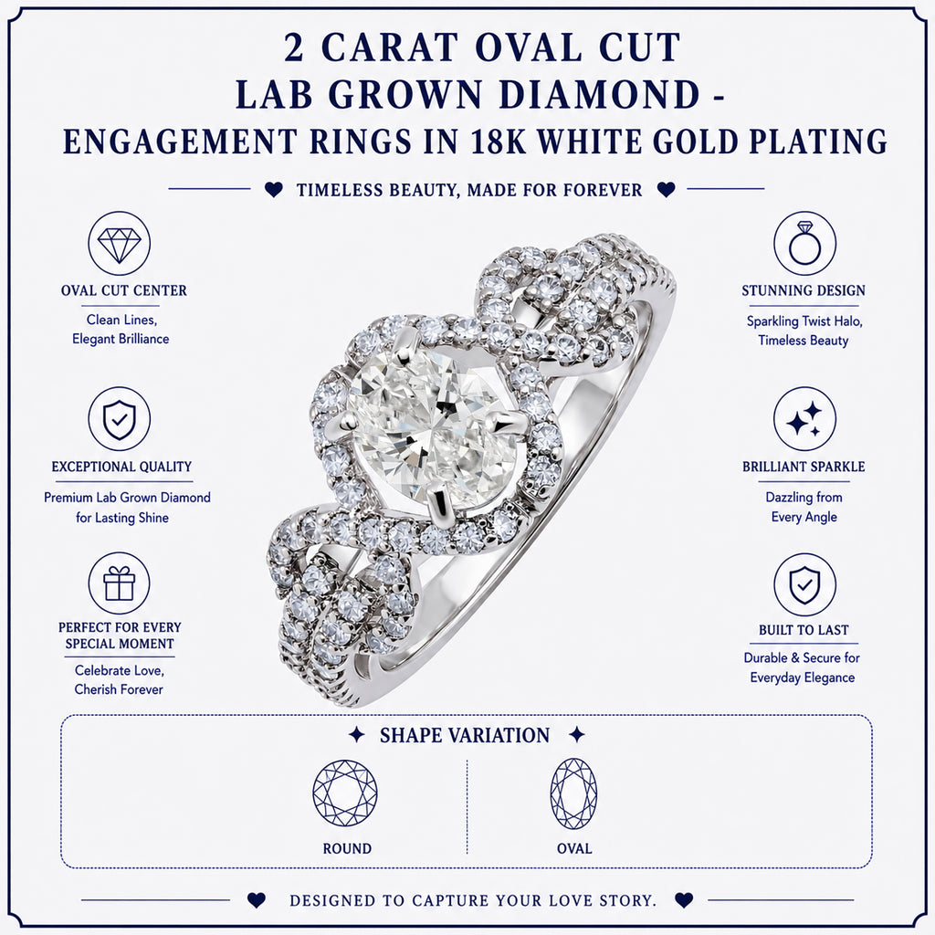 JeenMata 2 Carat Oval Cut Lab Grown Diamond - Engagement Rings in 18K White Gold Plating for Women