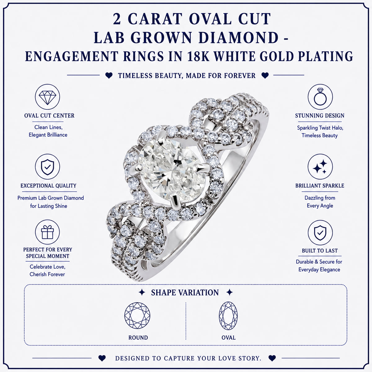 JeenMata 2 Carat Oval Cut Lab Grown Diamond - Engagement Rings in 18K White Gold Plating for Women