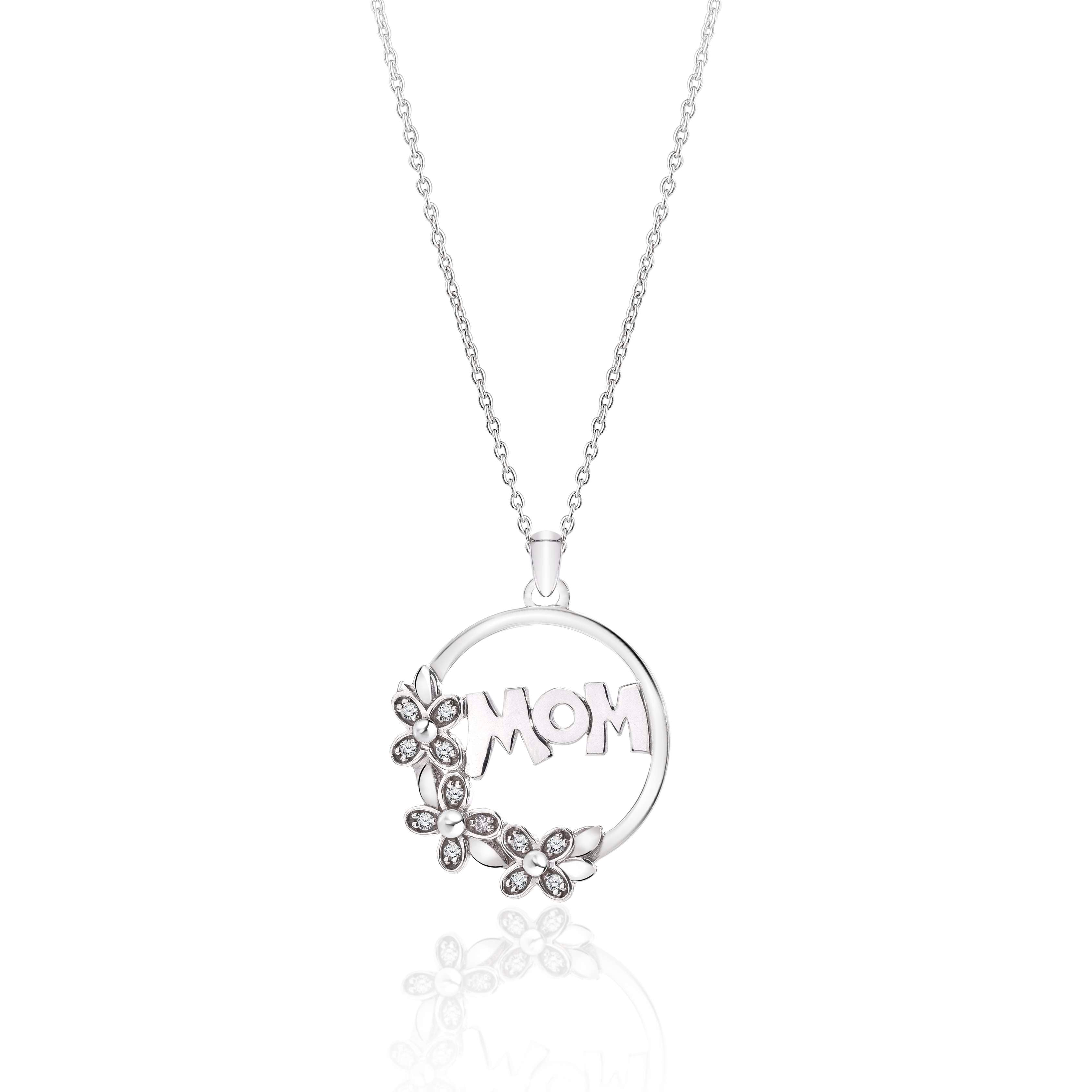 Botanical Mom Diamond Pendant Necklace in 18K White Gold over Silver
