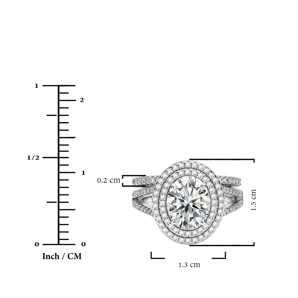 JeenMata 2.75 Carat Oval Cut Moissanite Double Halo Split Shank Engagement Ring Set in 18K White Gold Plated for Women
