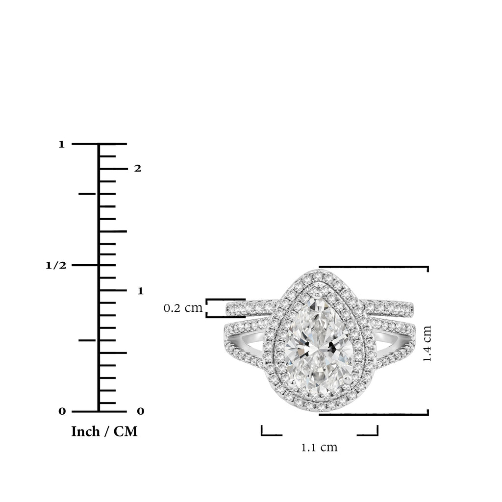 JeenMata 2.75 Carat Pear Cut Moissanite Double Halo Split Shank Engagement Ring Set in 18K White Gold Plated for Women