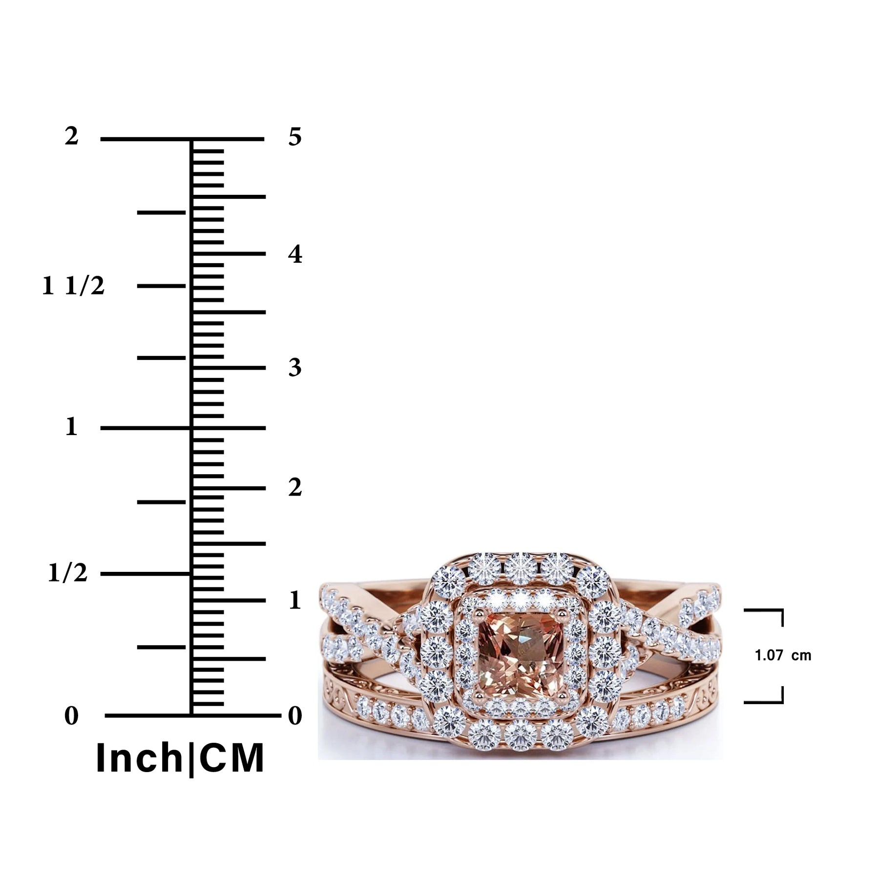JeenMata 1.25 CT - Princess Cut - Champagne created morganite - Double Halo - Twisted Band - Vintage Inspired - Wedding Ring Set in 18K Rose Gold over Silver