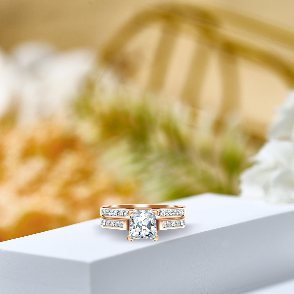 JeenMata 1 Carat Princess Cut Moissanite Wedding Set - Bridal Set - Engagement Ring - Channel Set Ring - Cluster Ring - 18k White Gold Plated for Women