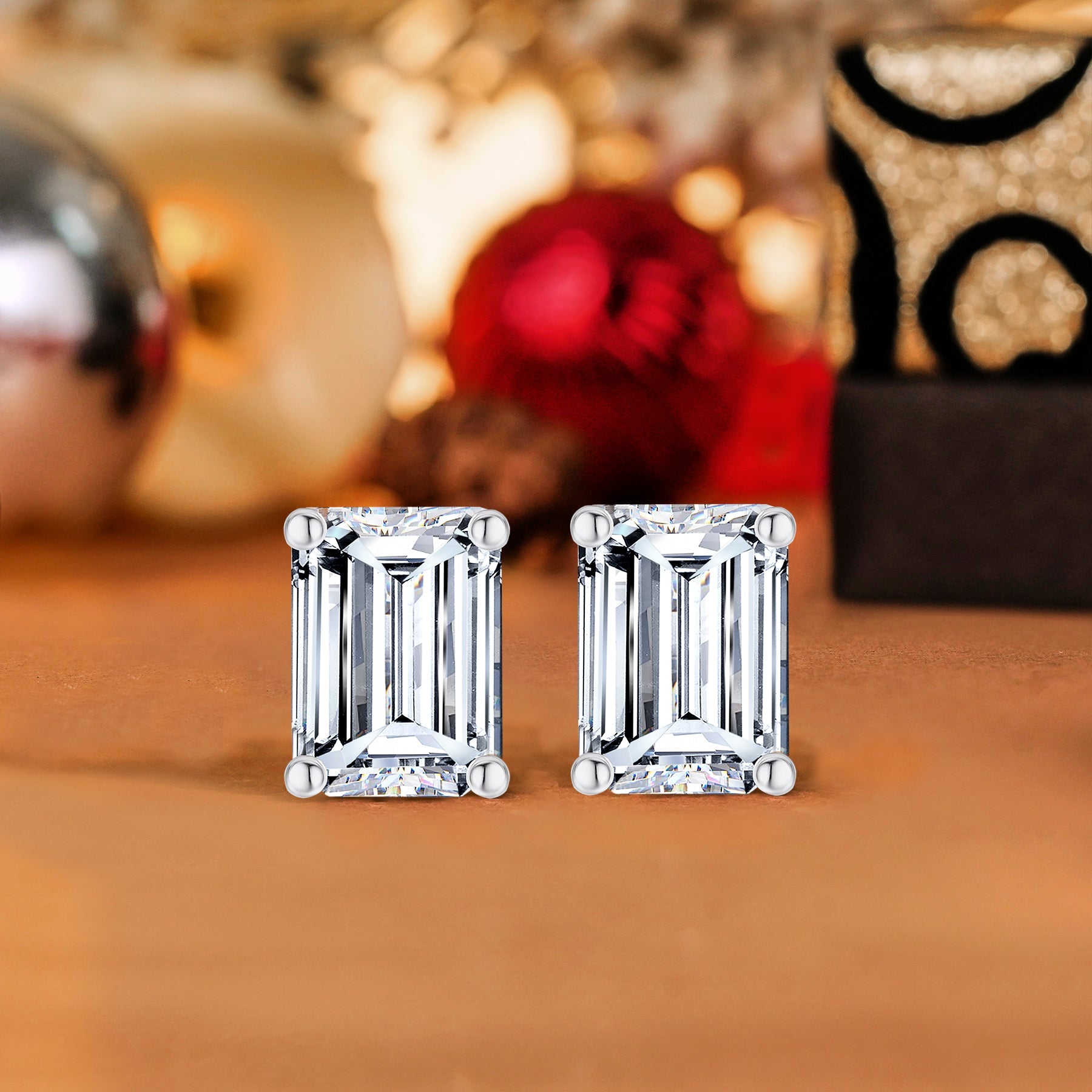 JeenMata Minimalist 1 Carat Emerald Cut Moissanite Solitaire Stud Earrings In 18K Rose Gold Plating Over Silver