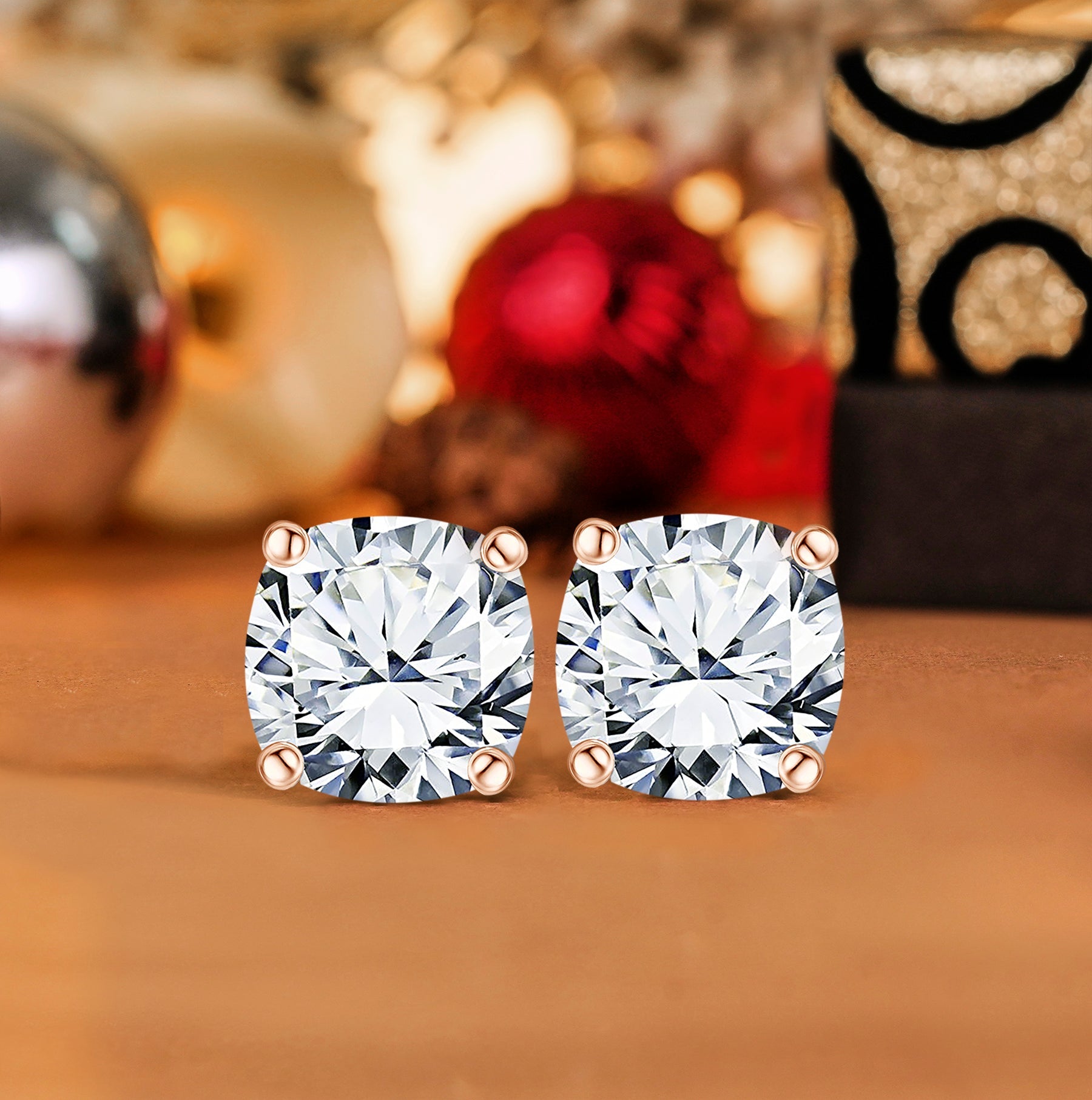 JeenMata 2 Carat Cushion Cut Moissanite 4 Prong Solitaire Stud Earrings in 18k Yellow Gold Plating for Women