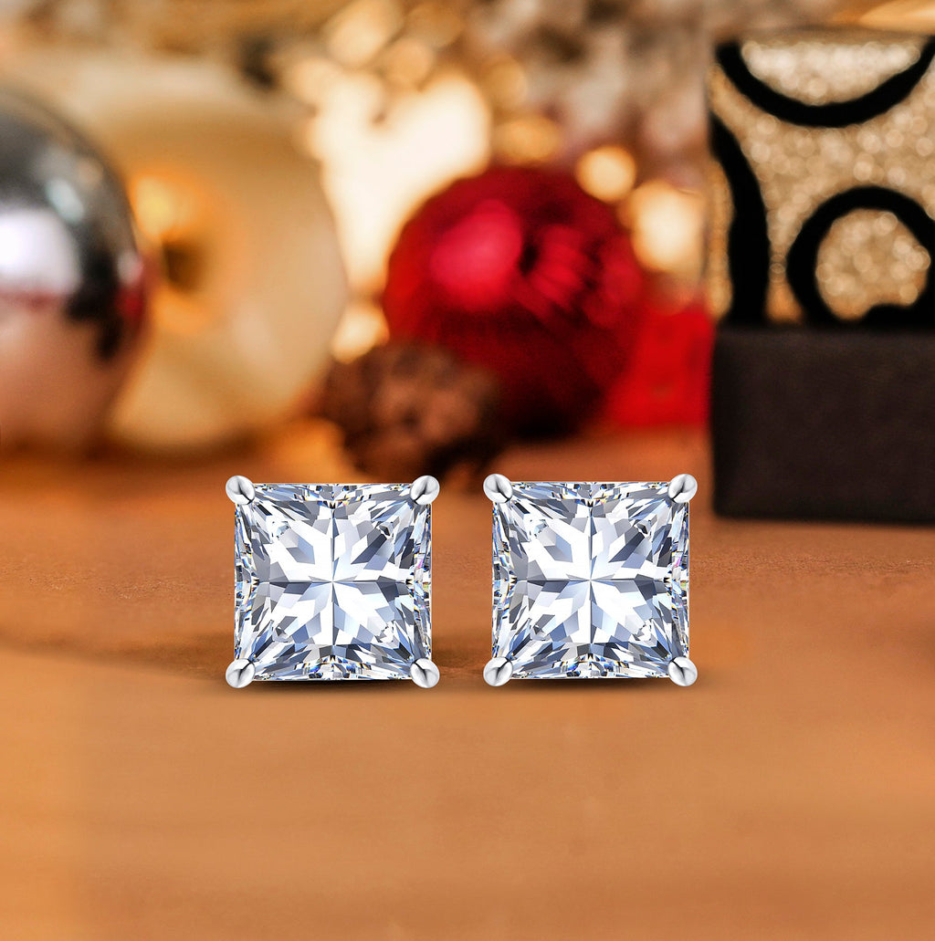 JeenMata 0.5 Carat Princess Cut Moissanite - Solitaire Stud Earrings in 18k White Gold Plating for Women