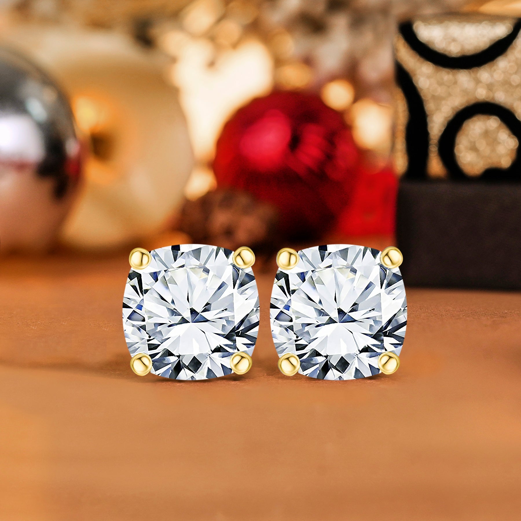 JeenMata 2 Carat Cushion Cut Moissanite 4 Prong Solitaire Stud Earrings in 18k Yellow Gold Plating for Women