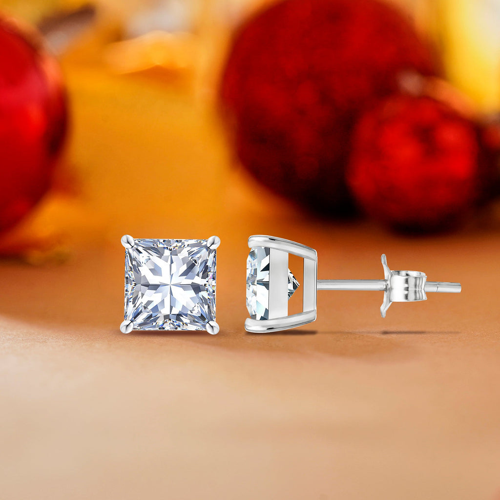 4 Carat Princess Cut Moissanite 4 Prong Solitaire Stud Earrings In 18K Rose Gold Plating Over Silver