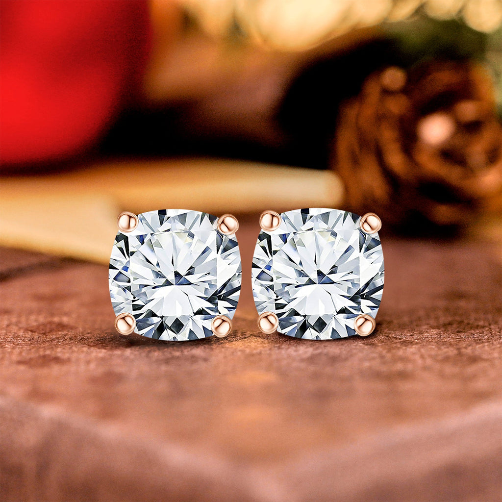 JeenMata 2 Carat Cushion Cut Moissanite 4 Prong Solitaire Stud Earrings in 18k Yellow Gold Plating for Women