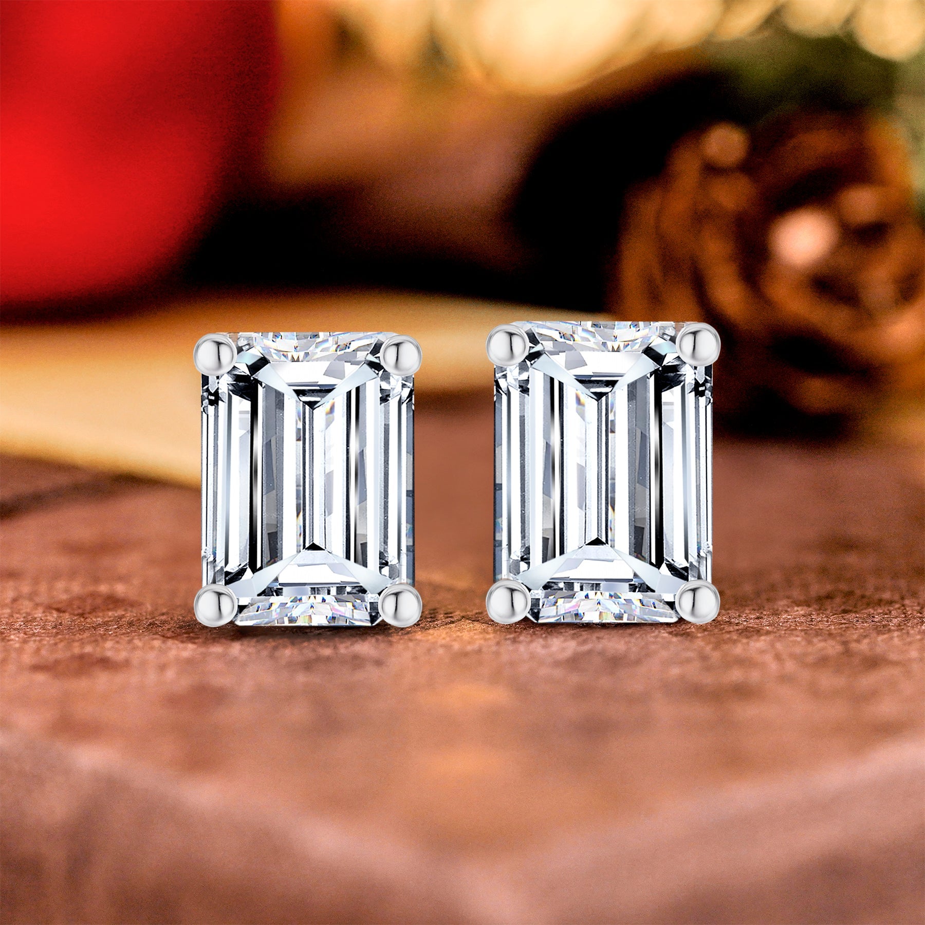 JeenMata Minimalist 1 Carat Emerald Cut Moissanite Solitaire Stud Earrings In 18K Rose Gold Plating Over Silver