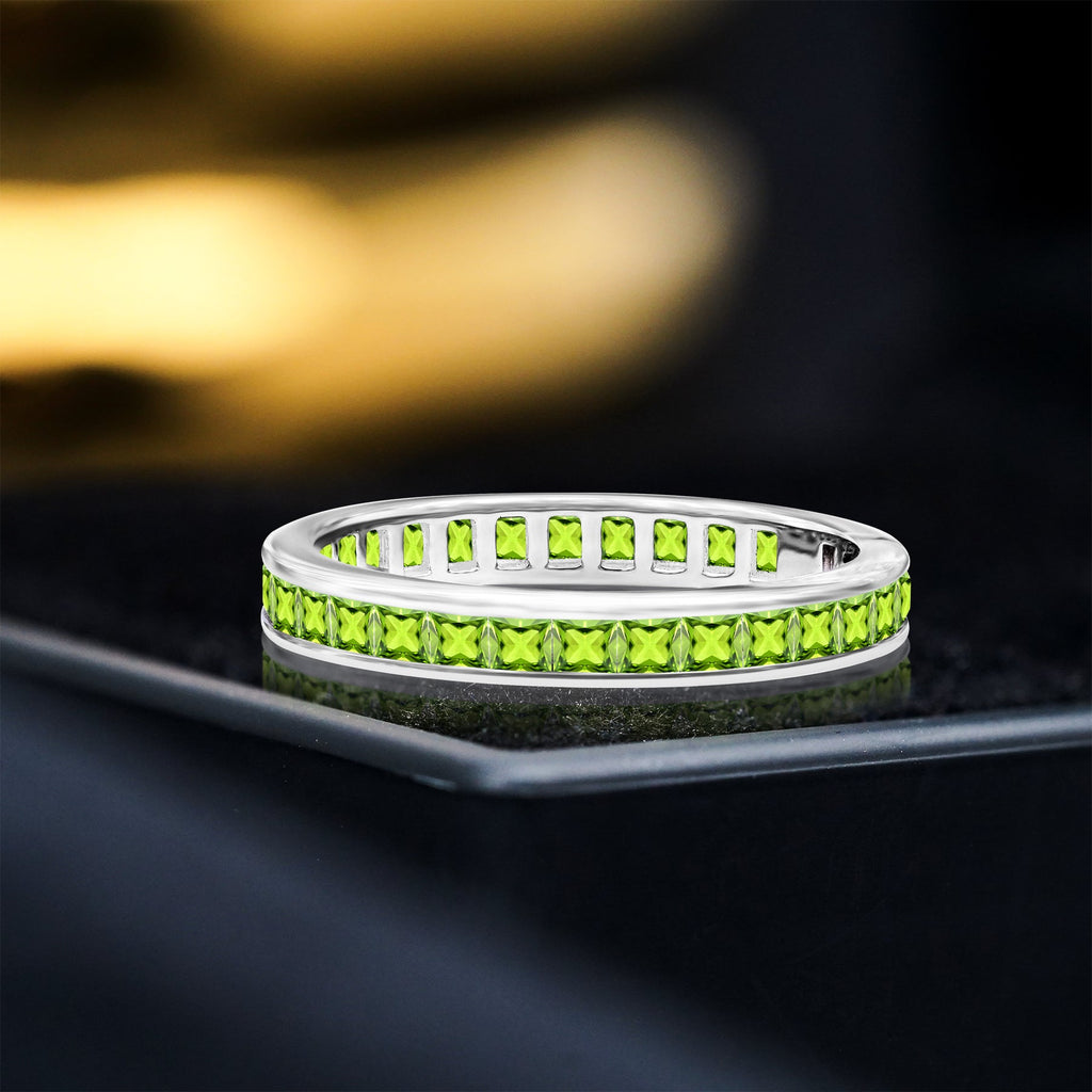2 Carat Princess Cut August - Peridot - Birthstone Channel Set Wedding Band - Eternity Wedding Ring in 18K White Gold Over Silver