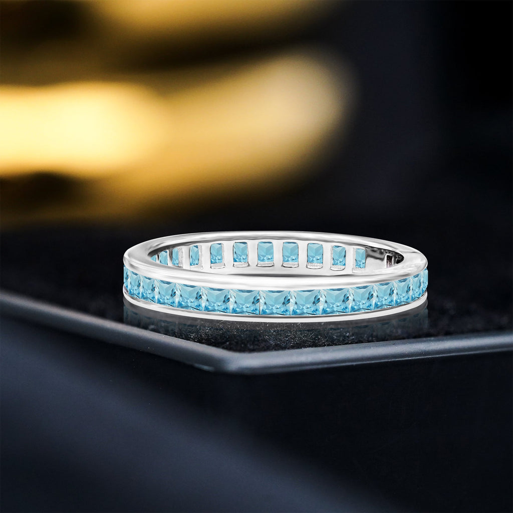 2 Carat Princess Cut December - Blue Topaz - Birthstone Channel Set Wedding Band - Eternity Wedding Ring in 18K White Gold Over Silver