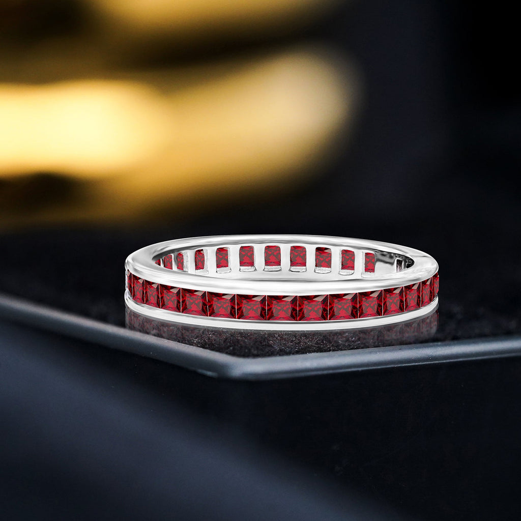 2 Carat Princess Cut January - Garnet - Birthstone Channel Set Wedding Band - Eternity Wedding Ring in 18K White Gold Over Silver