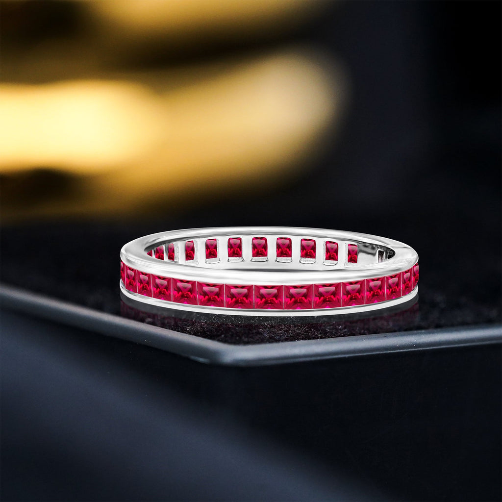 2 Carat Princess Cut July - Ruby - Birthstone Channel Set Wedding Band - Eternity Wedding Ring in 18K White Gold Over Silver