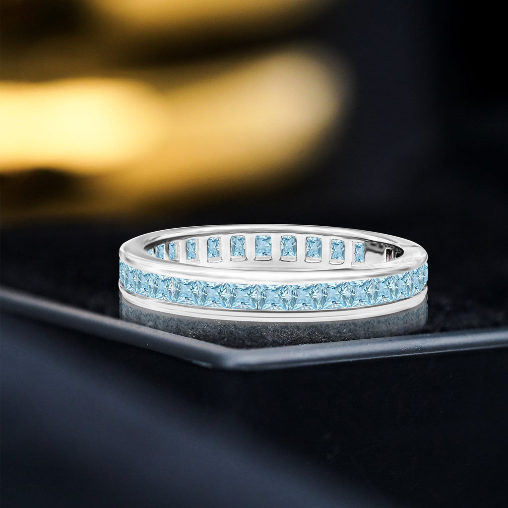 2 Carat Princess Cut March - Aquamarine - Birthstone Channel Set Wedding Band - Eternity Wedding Ring in 18K White Gold Over Silver
