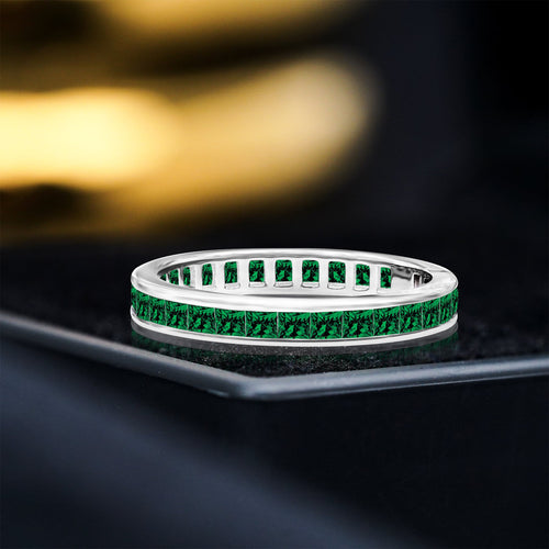 2 Carat Princess Cut May - Emerald - Birthstone Channel Set Wedding Band - Eternity Wedding Ring in 18K White Gold Over Silver