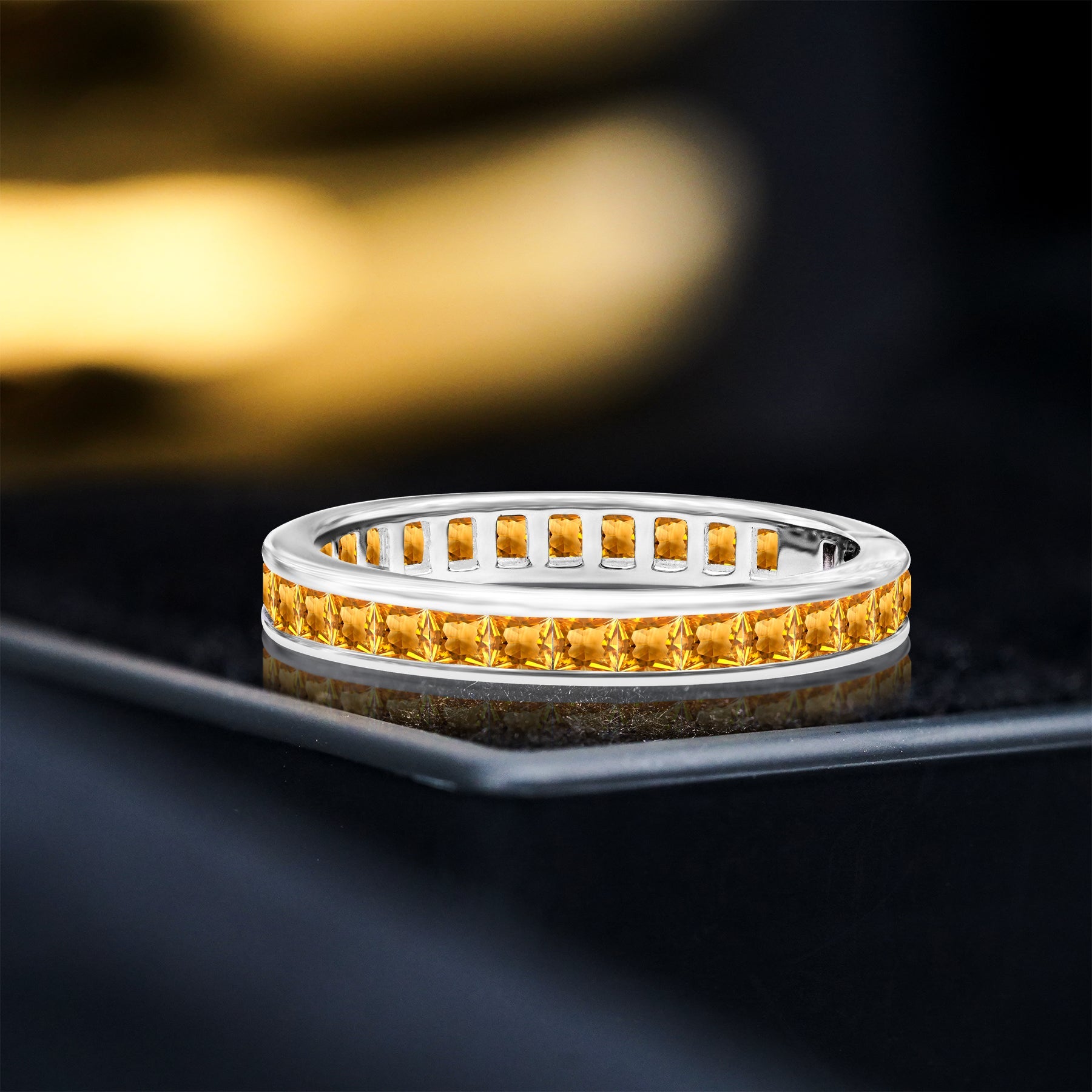 2 Carat Princess Cut November - Citrine - Birthstone Channel Set Wedding Band - Eternity Wedding Ring in 18K White Gold Over Silver