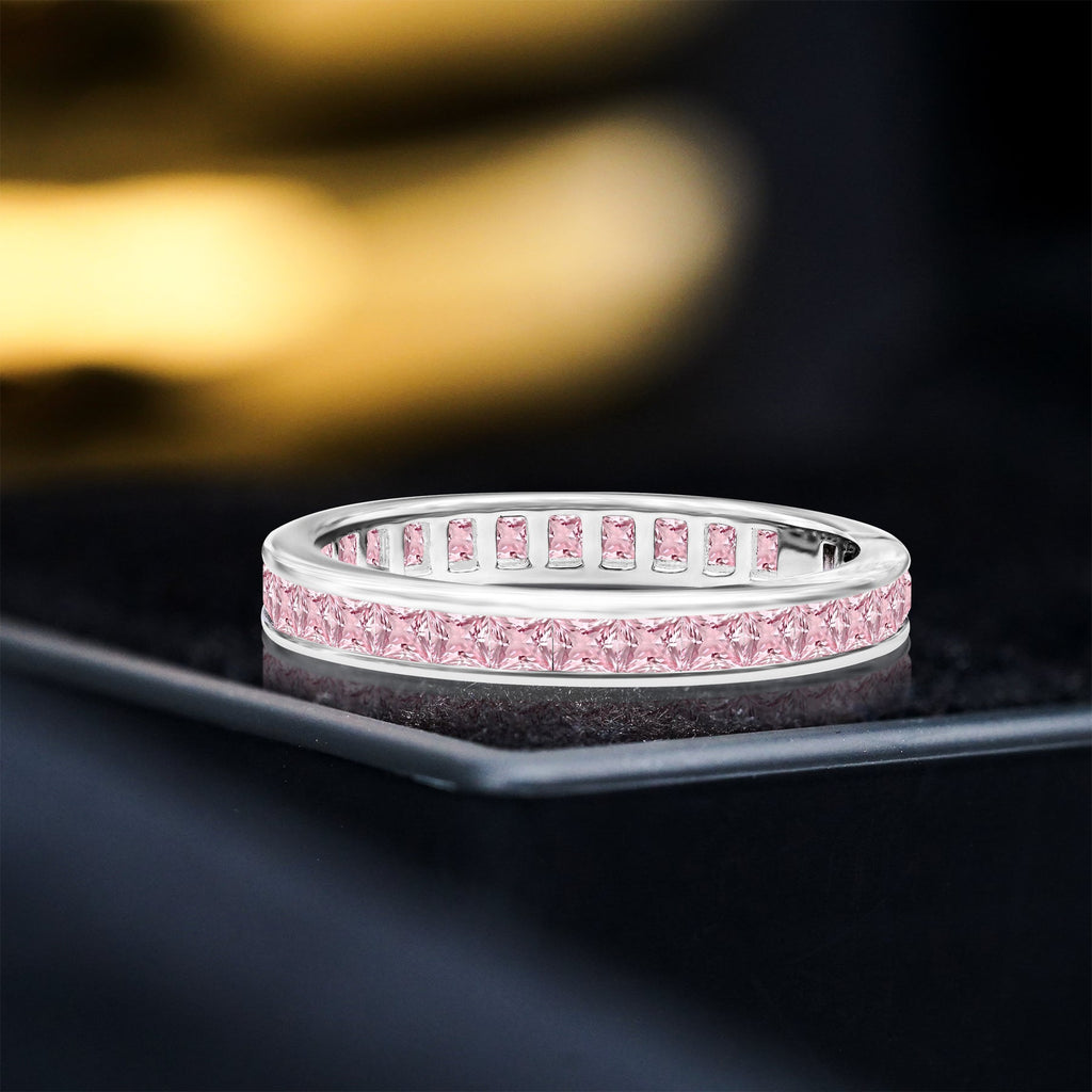 2 Carat Princess Cut October - Pink Tourmaline - Birthstone Channel Set Wedding Band - Eternity Wedding Ring in 18K White Gold Over Silver