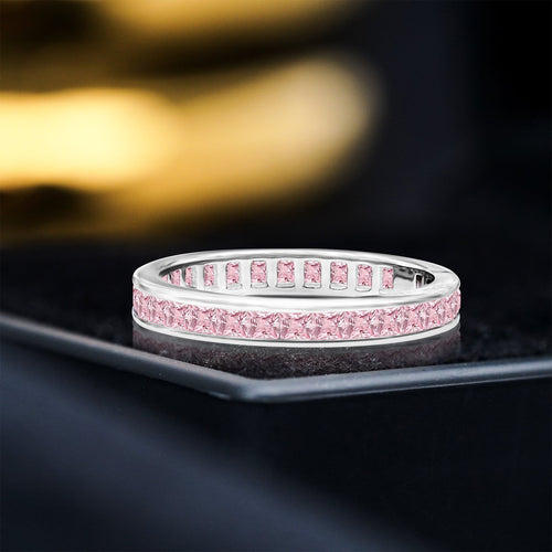 2 Carat Princess Cut October - Pink Tourmaline - Birthstone Channel Set Wedding Band - Eternity Wedding Ring in 18K White Gold Over Silver