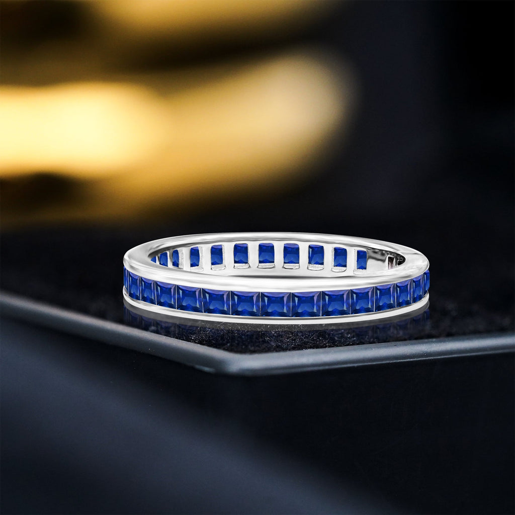 2 Carat Princess Cut September - Blue Sapphire - Birthstone Channel Set Wedding Band - Eternity Wedding Ring in 18K White Gold Over Silver
