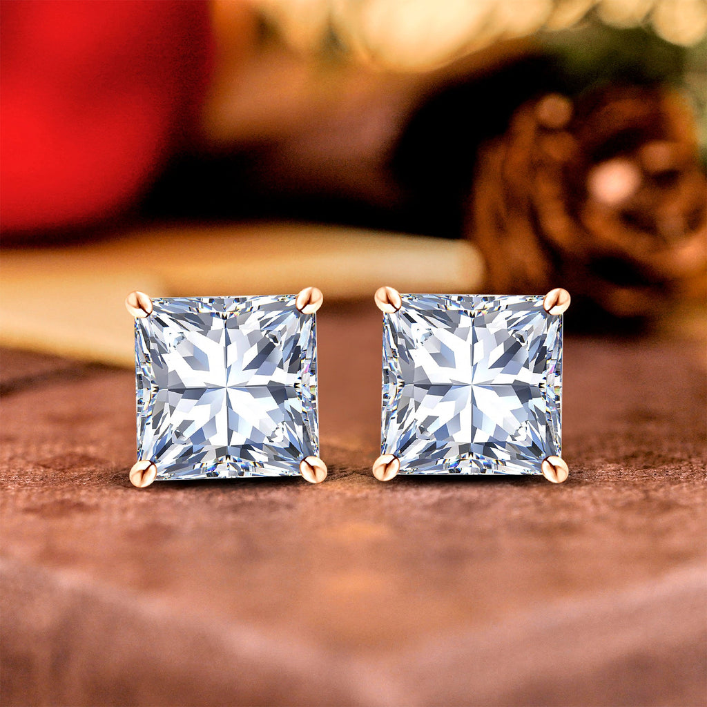 Jeenmata 2 Carat Princess Cut Moissanite 4 Prong Solitaire Stud Earrings In 18K Rose Gold Plating Over Silver