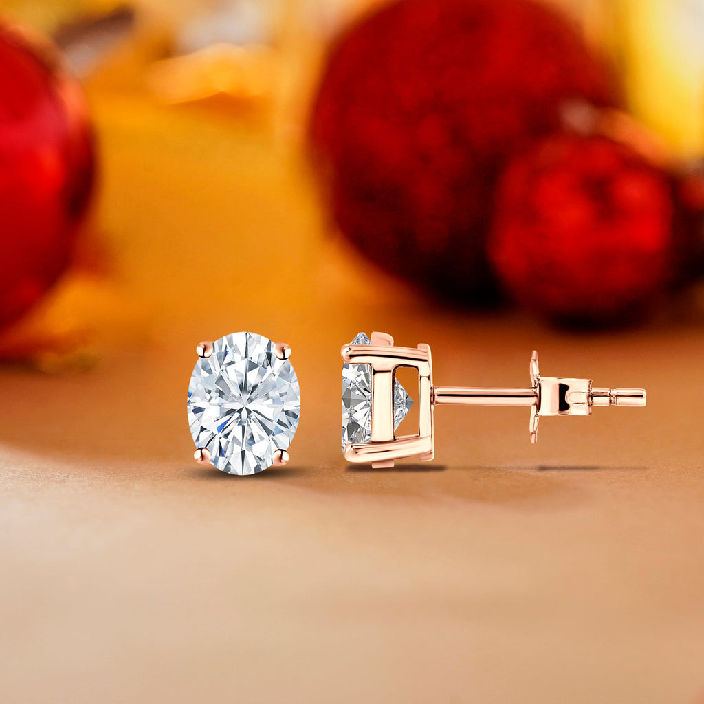 JeenMata 4 Prong 0.5 Carat Oval Cut Moissanite Solitaire Stud Earrings in 18k White Gold Plating for Women