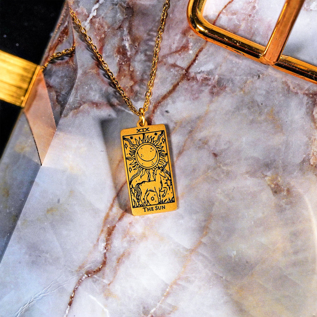 JeenMata Tarot Necklace - The Sun - Customized Tarot Pendant Jewelry for Unisex in Yellow Gold Plated