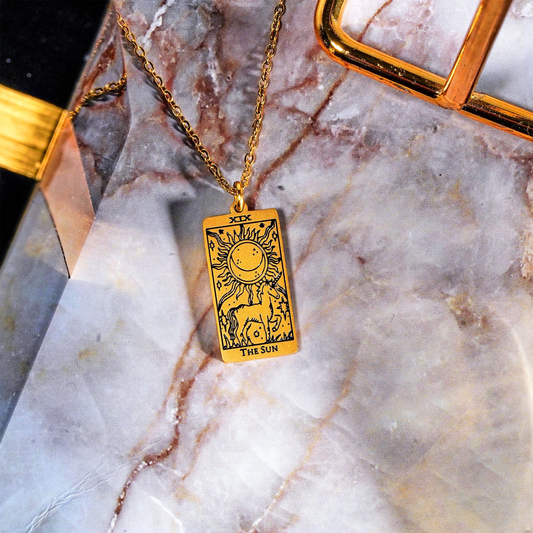 JeenMata Tarot Necklace - The Sun - Customized Tarot Pendant Jewelry for Unisex in Yellow Gold Plated