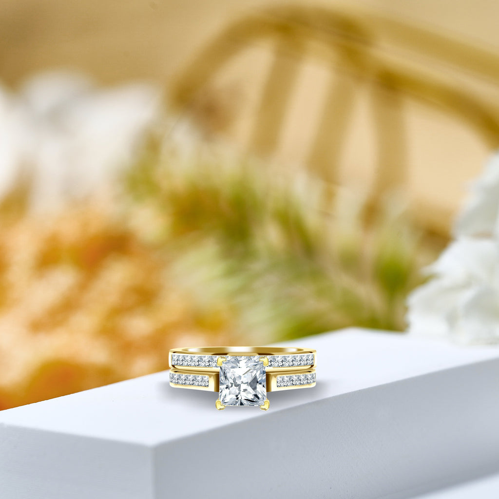 JeenMata 1 Carat Princess Cut Moissanite Wedding Set - Bridal Set - Engagement Ring - Channel Set Ring - Cluster Ring - 18k White Gold Plated for Women
