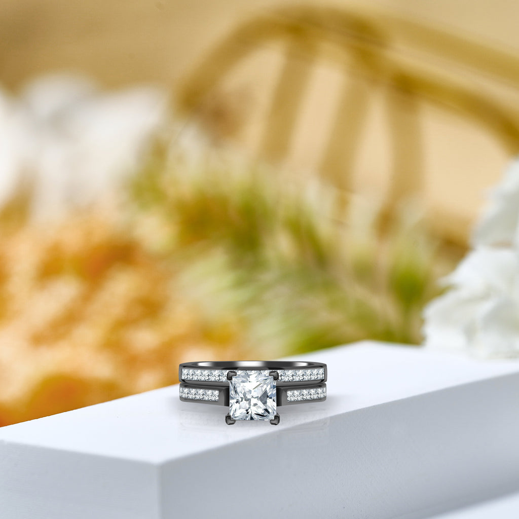 JeenMata 1 Carat Princess Cut Moissanite Wedding Set - Bridal Set - Engagement Ring - Channel Set Ring - Cluster Ring - 18k White Gold Plated for Women