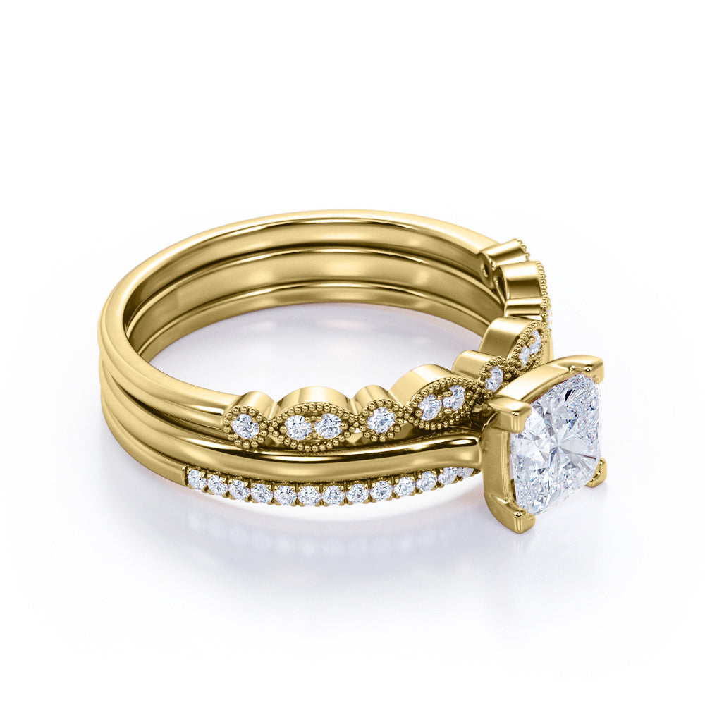 JeenMata 3.25 Carat Princess Wedding Ring Set - Bridal Set - Wedding Trio Set - Engagement Ring - Art Deco Ring - Promise Ring - Sterling Silver
