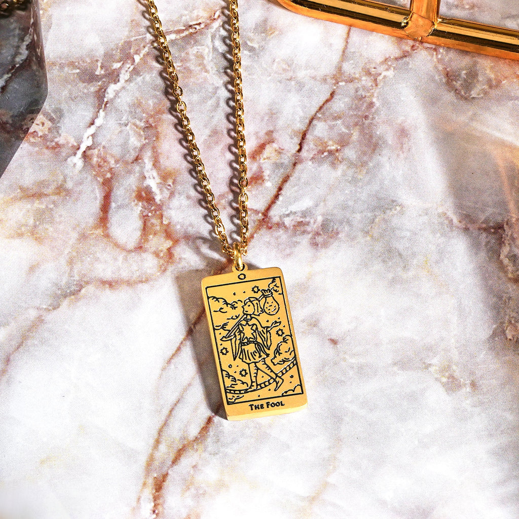 JeenMata Tarot Necklace - The Fool - Customized Tarot Pendant Jewelry for Unisex in Yellow Gold Plated